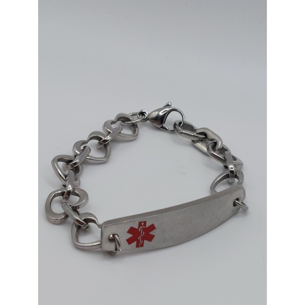 Heart Link Medical Alert ID Bracelet Stainless Steel Star of Life Lobster Clasp